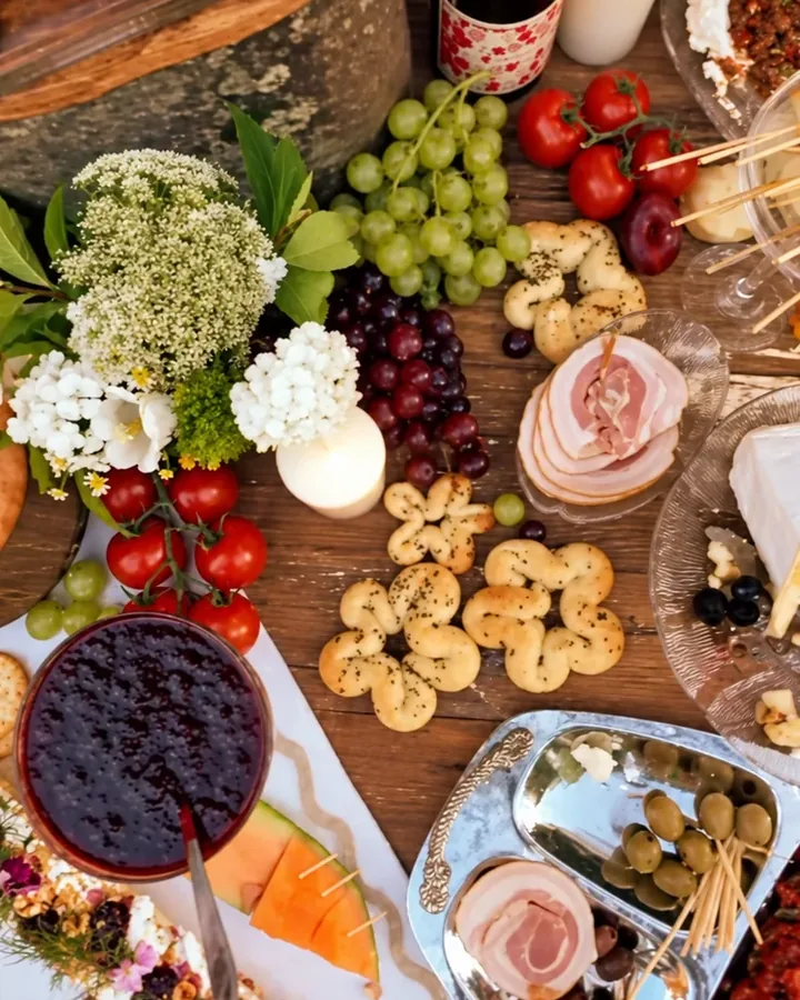 A grazing table with fruit, cheese, crackers, flowers and candlelight